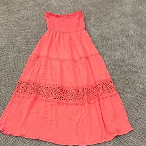 Strapless Coral Maxi Dress with Crochet Lace Detail